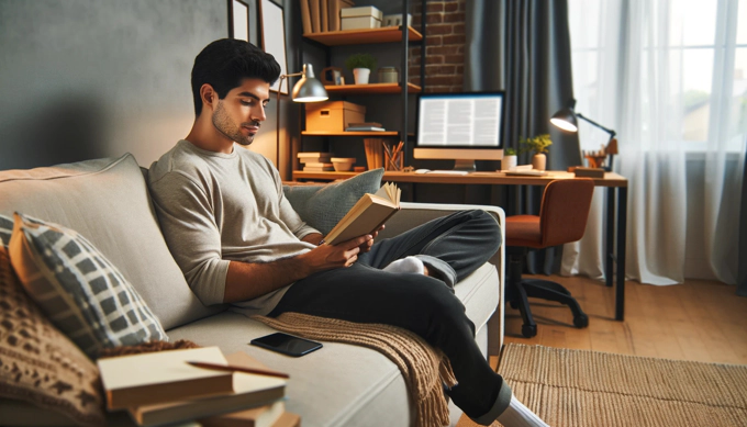 Hombre leyendo durante descanso de home office