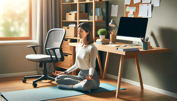 Mujer meditando frente a escritorio