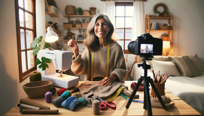 Mujer grabando video sobre composturas de ropa